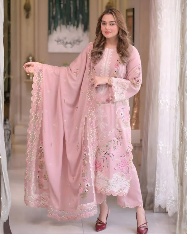 ANEELAS - 3PC DHANAK FABRIC EMBROIDERED SHIRT WITH DHANAK EMBROIDERED DUPATTA AND TROUSER SDCW-1173