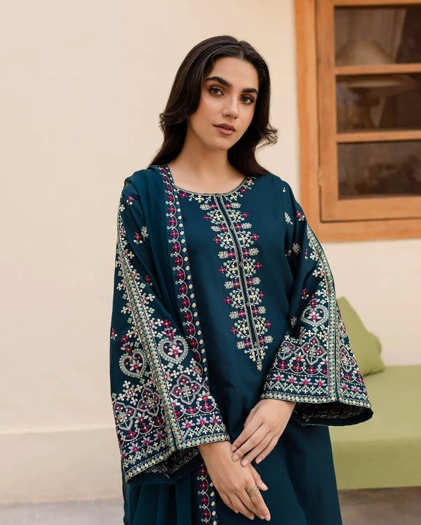 BATIK 3PC DHANAK FABRIC EMBROIDERED SHIRT WITH DHANAK EMBROIDERED SHAWL AND TROUSER SDCW-1224