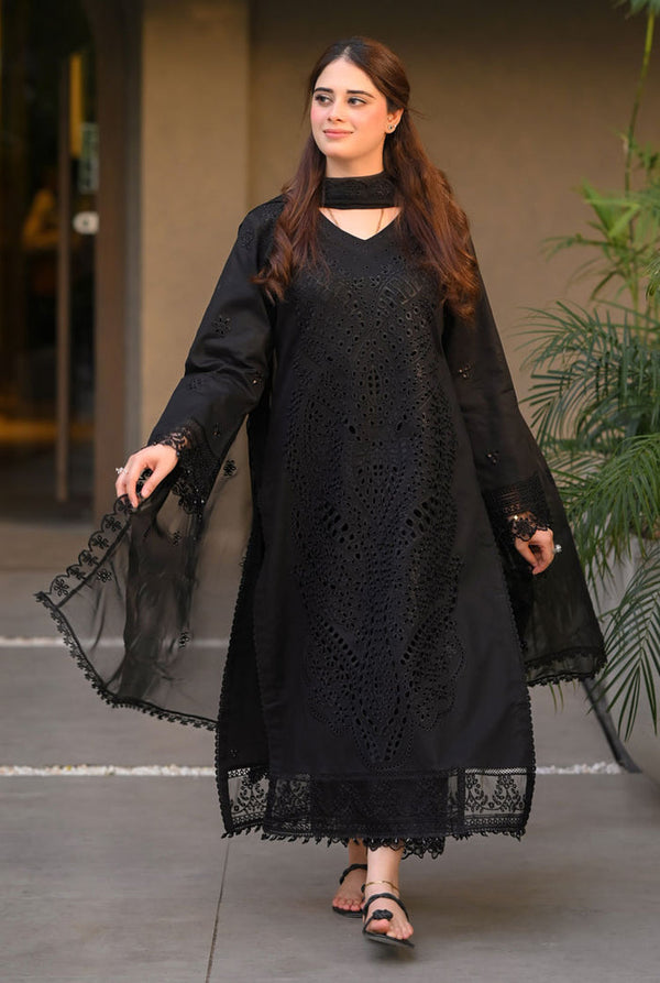 SAYA 3PC BLACK LAWN CHIKANKARI EMBROIDERED SDC-1082