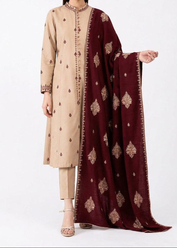 KEYSERIA - 3PC DHANAK FABRIC EMBROIDERED SHIRT WITH DHANAK EMBROIDERED SHAWL AND TROUSER SDCW-1282