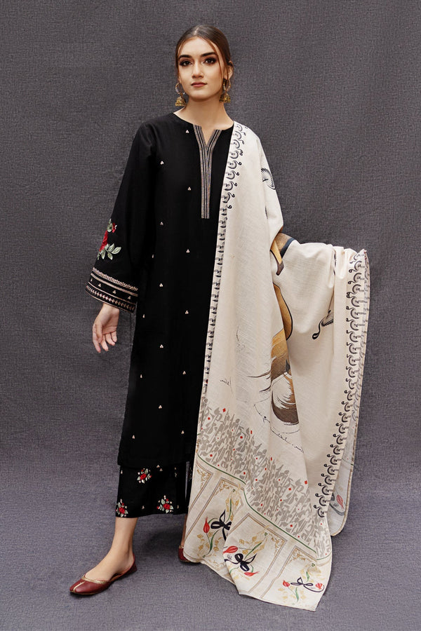 URGE 3PC DHANAK FABRIC EMBROIDERED SHIRT WITH PRINTED SHAWL AND TROUSER SDCW-1226