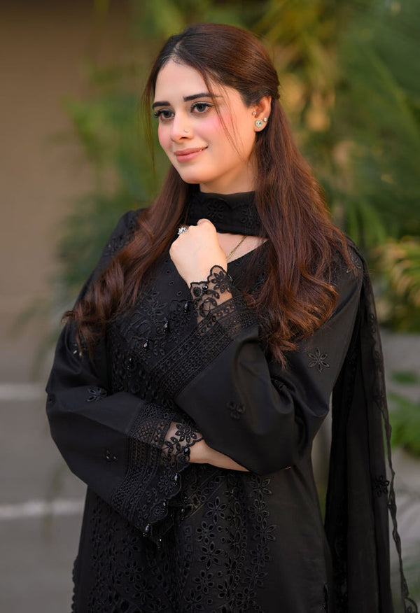 SAYA 3PC BLACK LAWN CHIKANKARI EMBROIDERED SDC-1082
