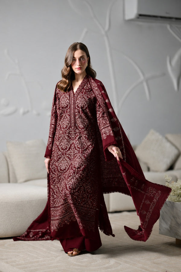 ZAIB -3PC DHANAK EMBROIDERED SHIRT WITH DHANAK EMBROIDERED SHAWL AND TROUSER SDCW-1274