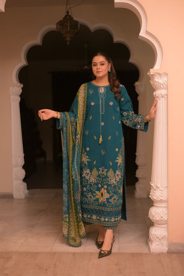 ANEELAS 3PC DHANAK FABRIC EMBROIDERED SHIRT WITH DHANAK PRINTED SHAWL AND TROUSER SDCW-1271