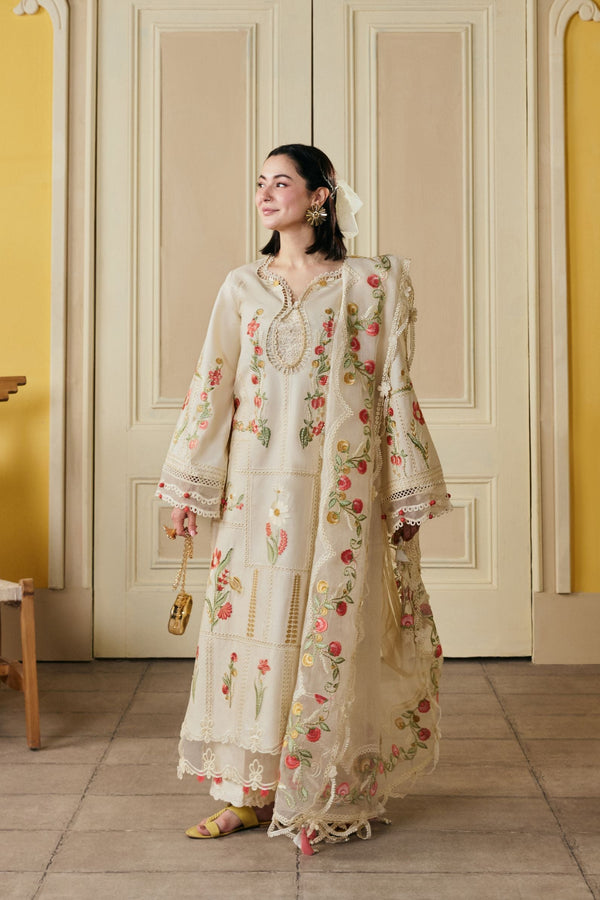MARYAM,S - 3PC DHANAK FABRIC EMBROIDERED SHIRT WITH DHANAK EMBROIDERED SHAWL AND TROUSER SDCW-1181