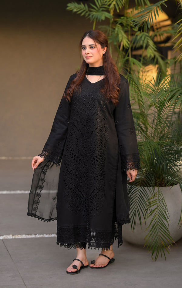 SAYA 3PC BLACK LAWN CHIKANKARI EMBROIDERED SDC-1082