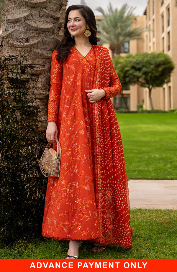 FAIZA SAQLAIN-FROCK 3PC LAWN EMBROIDERED SHIRT WITH CHUNRI PRINTED EMBROIDERED DUPATTA AND TROUSER SDC-1073