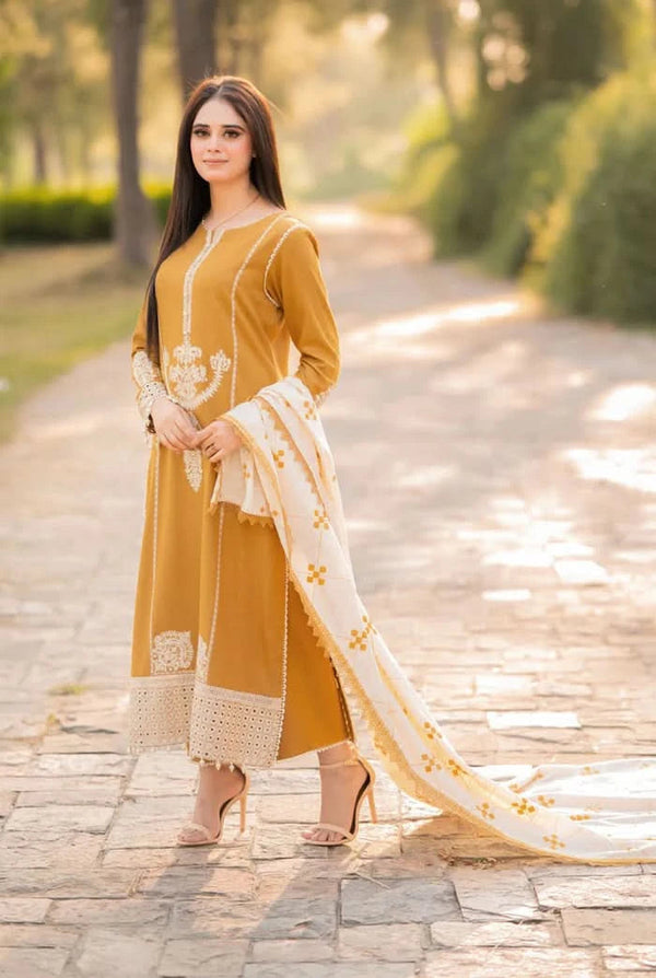 AISLING 3PC DHANAK FABRIC EMBROIDERED SHIRT WITH DHANAK EMBROIDERED SHAWL AND TROUSER SDCW-1229