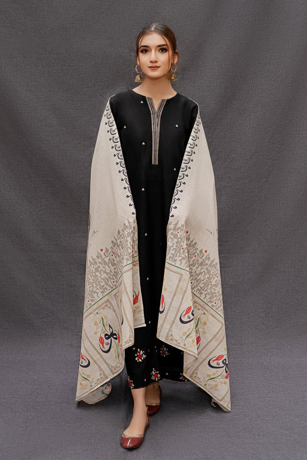 URGE 3PC DHANAK FABRIC EMBROIDERED SHIRT WITH PRINTED SHAWL AND TROUSER SDCW-1226