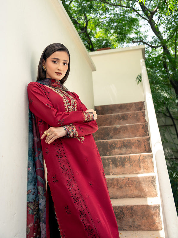 IZEL - 3PC DHANAK FABRIC EMBROIDERED SHIRT WITH PRINTED WOOL SHAWL AND TROUSER SDCW-1176