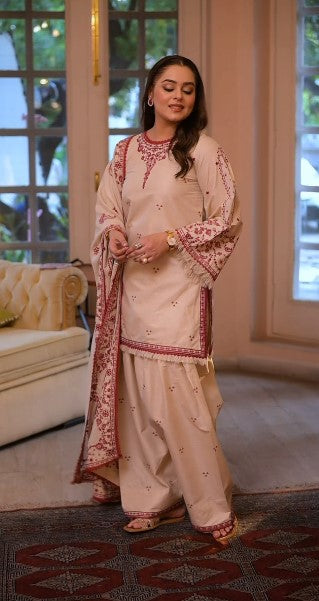 ANEELAS 3PC DHANAK FABRIC EMBROIDERED SHIRT WITH DHANAK EMBROIDERED SHAWL AND TROUSER SDCW-1262