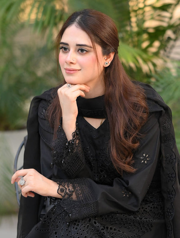 SAYA 3PC BLACK LAWN CHIKANKARI EMBROIDERED SDC-1082