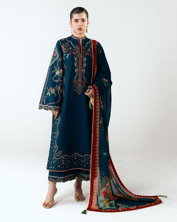 HUSSAIN 3PC DHANAK FABRIC EMBROIDERED SHIRT WITH DHANAK PRINTED SHAWL AND TROUSER SDCW-1264