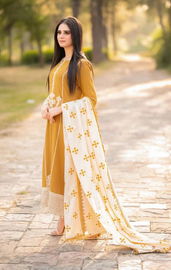 AISLING 3PC DHANAK FABRIC EMBROIDERED SHIRT WITH DHANAK EMBROIDERED SHAWL AND TROUSER SDCW-1229
