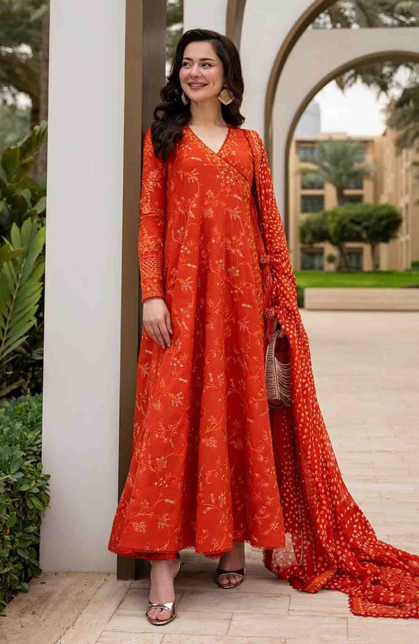 FAIZA SAQLAIN-FROCK 3PC LAWN EMBROIDERED SHIRT WITH CHUNRI PRINTED EMBROIDERED DUPATTA AND TROUSER SDC-1073