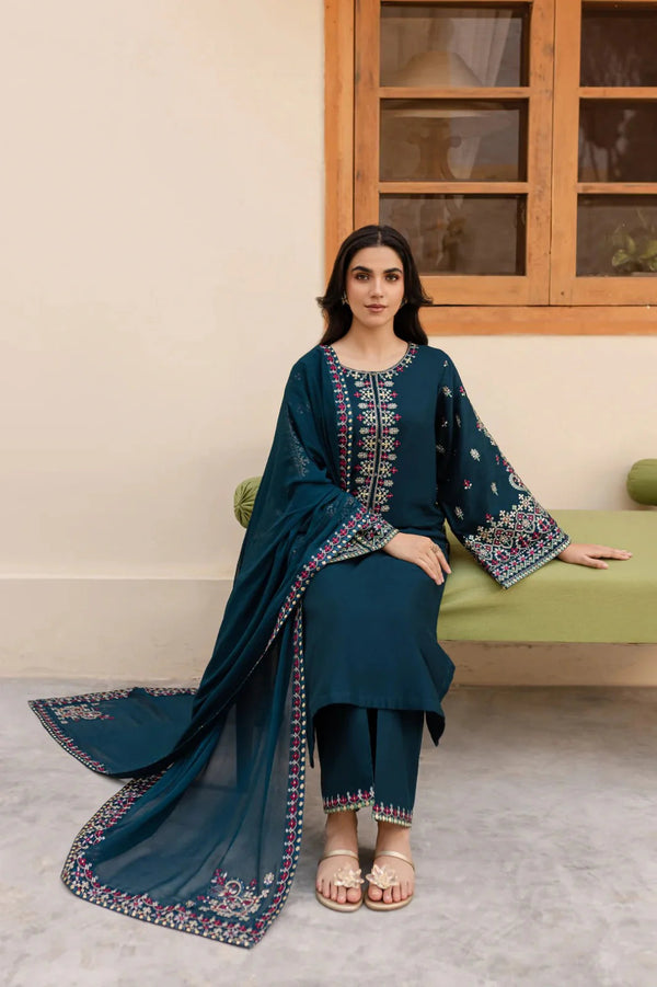 BATIK 3PC DHANAK FABRIC EMBROIDERED SHIRT WITH DHANAK EMBROIDERED SHAWL AND TROUSER SDCW-1224