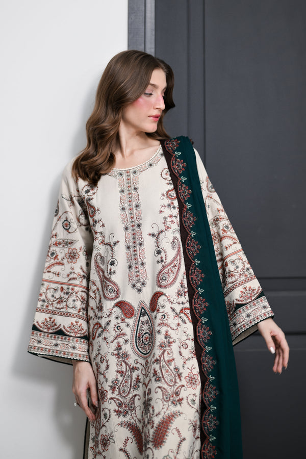 ZAIB -3PC DHANAK EMBROIDERED SHIRT WITH DHANAK EMBROIDERED SHAWL AND TROUSER SDCW-1279
