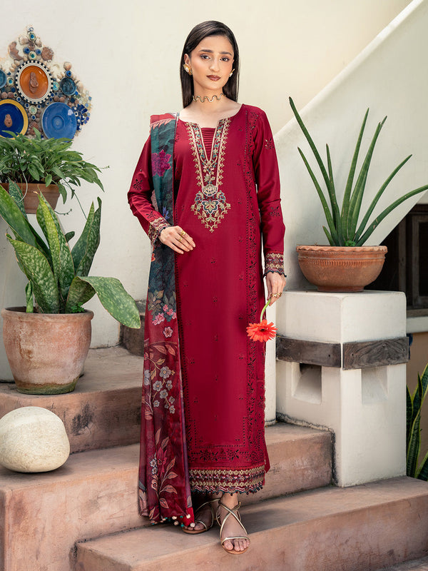 IZEL - 3PC DHANAK FABRIC EMBROIDERED SHIRT WITH PRINTED WOOL SHAWL AND TROUSER SDCW-1176