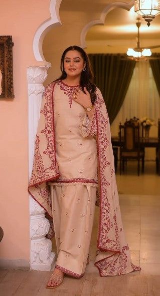 ANEELAS 3PC DHANAK FABRIC EMBROIDERED SHIRT WITH DHANAK EMBROIDERED SHAWL AND TROUSER SDCW-1262