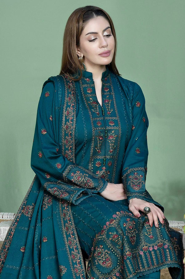 MOHAGNI 3PC DHANAK FABRIC EMBROIDERED SHIRT WITH DHANAK EMBROIDERED SHAWL AND TROUSER SDCW-1233