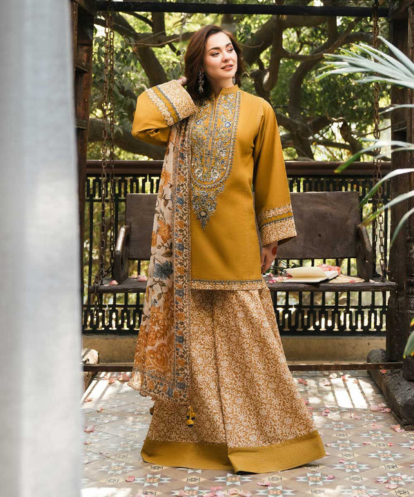SAPPHIRE- 3PC DHANAK FABRIC EMBROIDERED SHIRT WITH PRINTED WOOL SHAWL AND TROUSER SDCW-1193