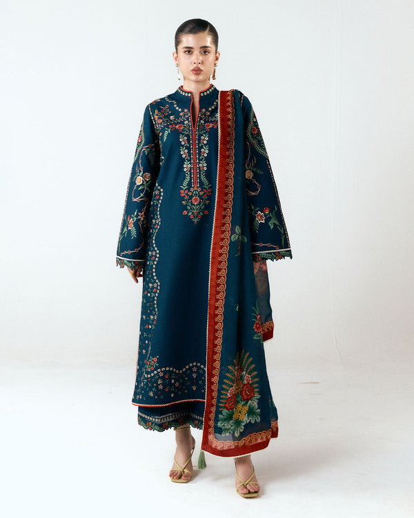 HUSSAIN 3PC DHANAK FABRIC EMBROIDERED SHIRT WITH DHANAK PRINTED SHAWL AND TROUSER SDCW-1264