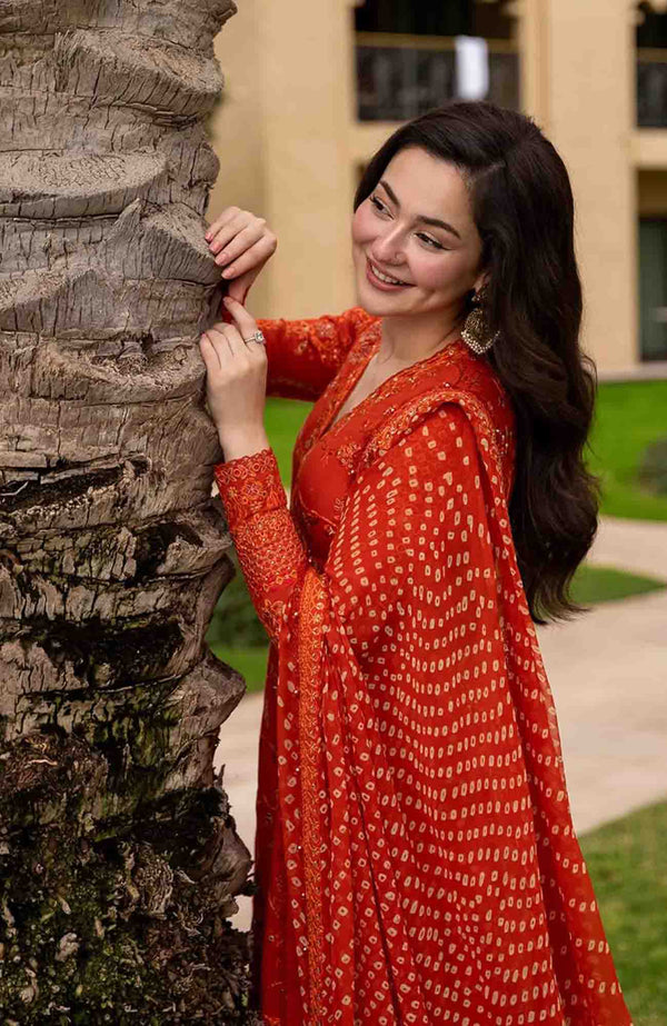 FAIZA SAQLAIN-FROCK 3PC LAWN EMBROIDERED SHIRT WITH CHUNRI PRINTED EMBROIDERED DUPATTA AND TROUSER SDC-1073