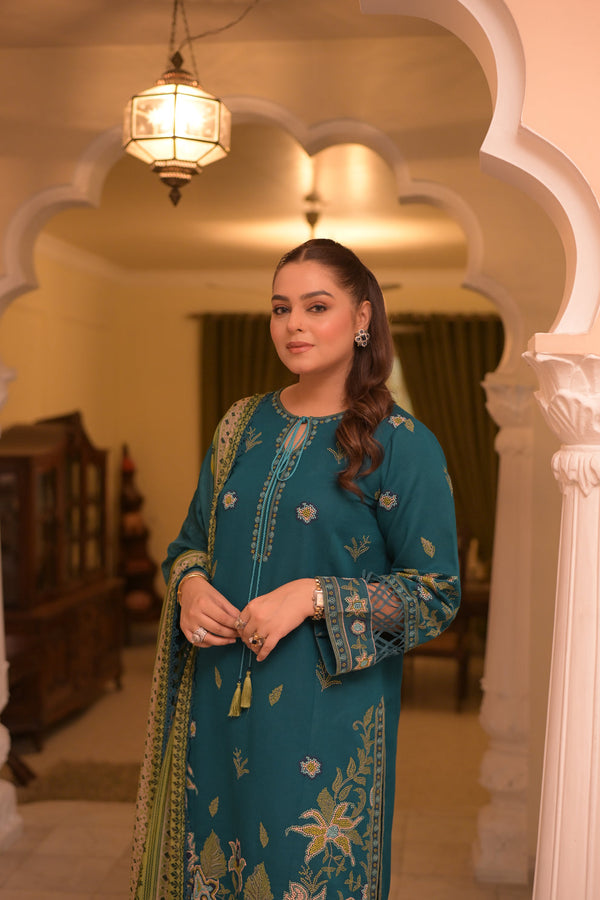 ANEELAS 3PC DHANAK FABRIC EMBROIDERED SHIRT WITH DHANAK PRINTED SHAWL AND TROUSER SDCW-1271