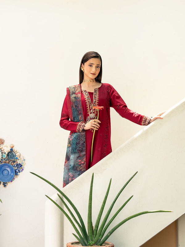 IZEL - 3PC DHANAK FABRIC EMBROIDERED SHIRT WITH PRINTED WOOL SHAWL AND TROUSER SDCW-1176