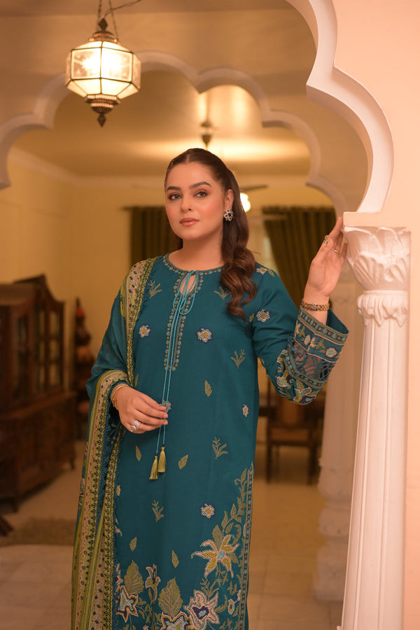 ANEELAS 3PC DHANAK FABRIC EMBROIDERED SHIRT WITH DHANAK PRINTED SHAWL AND TROUSER SDCW-1271