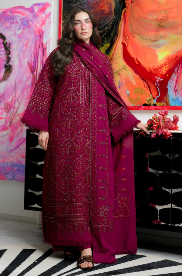 ZAIB -3PC DHANAK EMBROIDERED SHIRT WITH DHANAK EMBROIDERED SHAWL AND TROUSER SDCW-1275