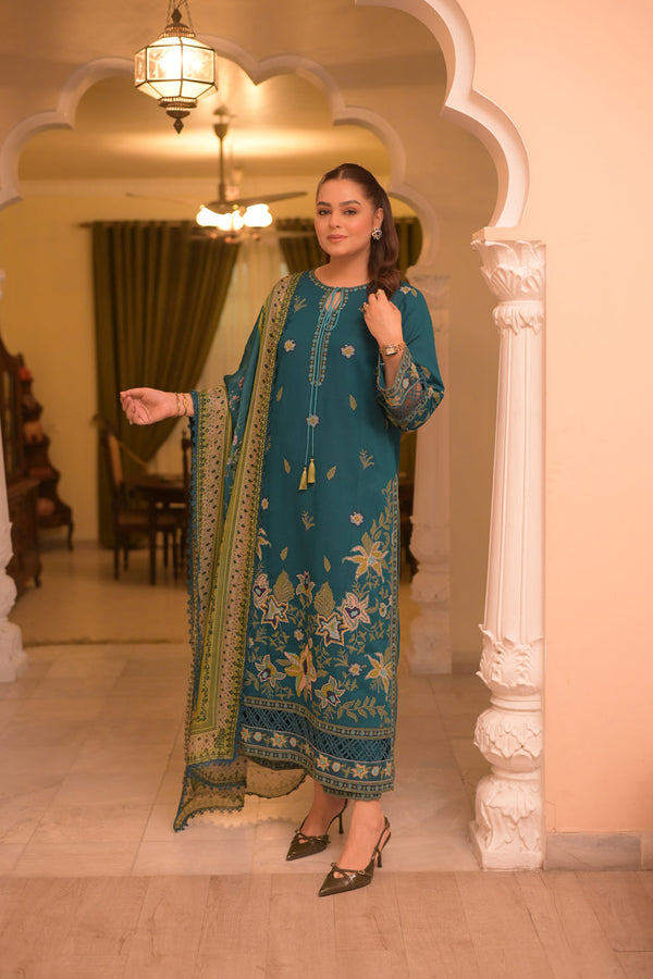 ANEELAS 3PC DHANAK FABRIC EMBROIDERED SHIRT WITH DHANAK PRINTED SHAWL AND TROUSER SDCW-1271