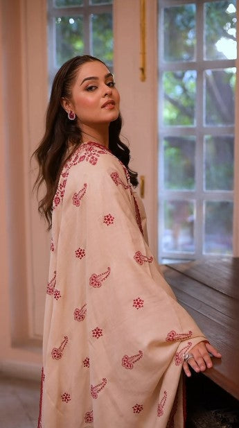 ANEELAS 3PC DHANAK FABRIC EMBROIDERED SHIRT WITH DHANAK EMBROIDERED SHAWL AND TROUSER SDCW-1262