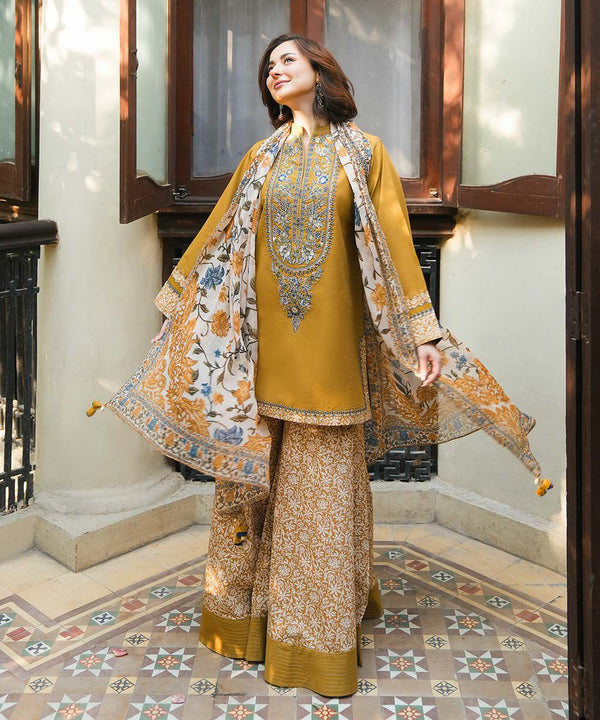 SAPPHIRE- 3PC DHANAK FABRIC EMBROIDERED SHIRT WITH PRINTED WOOL SHAWL AND TROUSER SDCW-1193