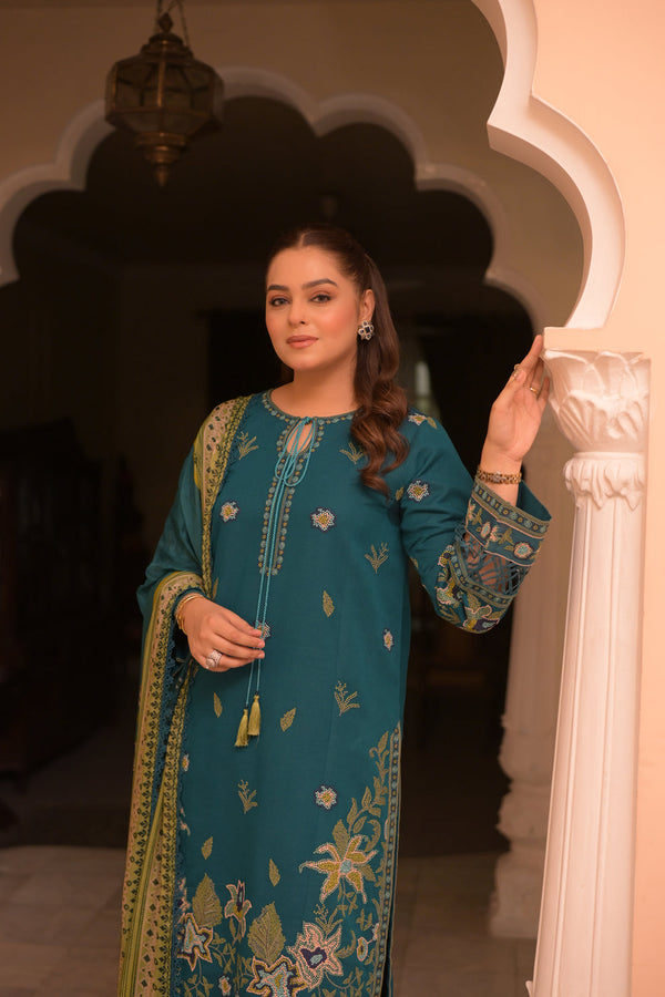 ANEELAS 3PC DHANAK FABRIC EMBROIDERED SHIRT WITH DHANAK PRINTED SHAWL AND TROUSER SDCW-1271