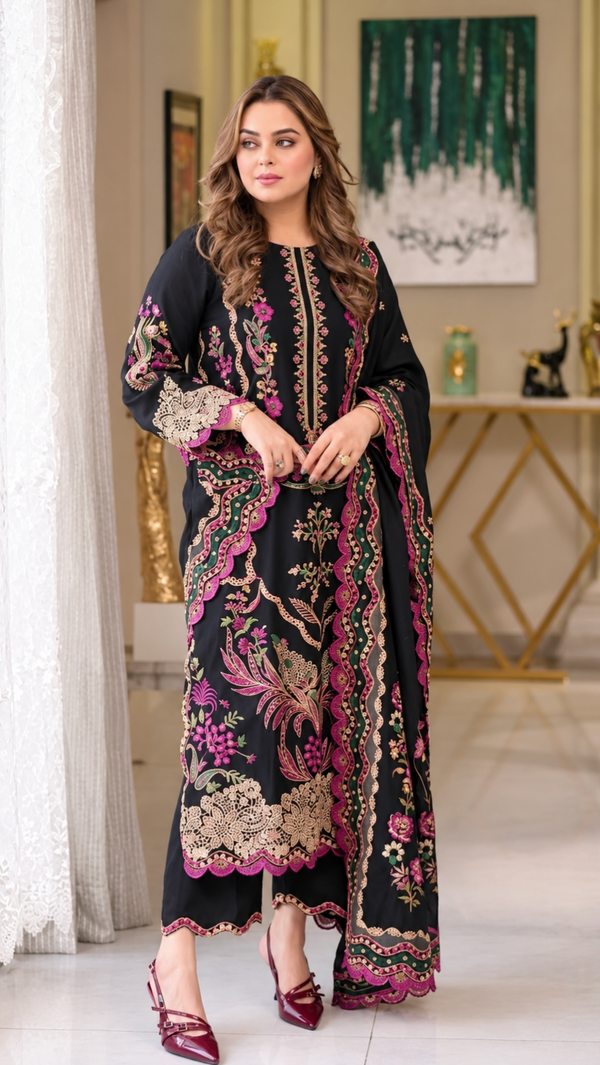 ANEELAS- 3PC DHANAK FABRIC EMBROIDERED SHIRT WITH DHANAK EMBROIDERED SHAWL AND TROUSER SDCW-1281