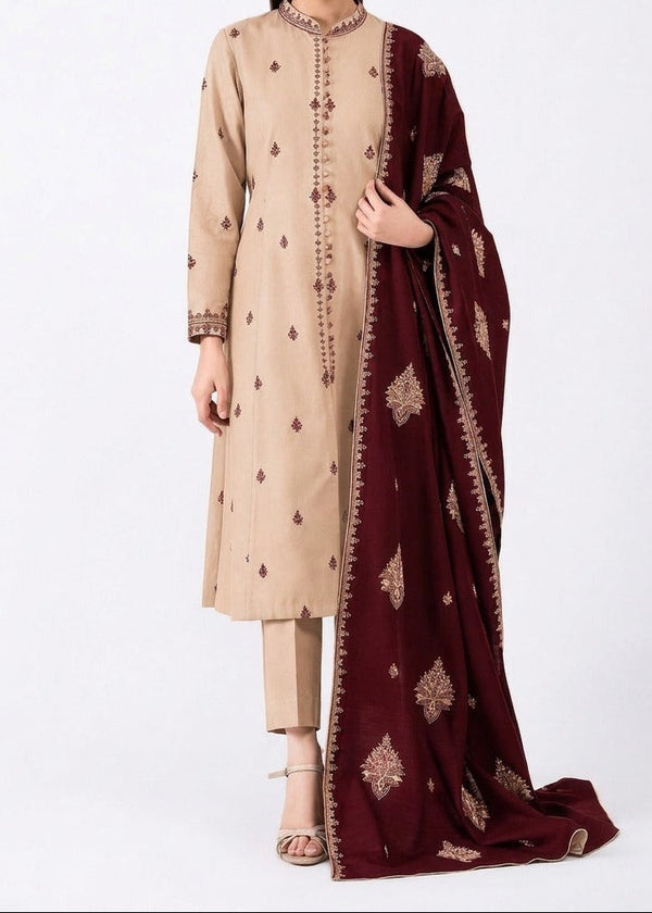 KEYSERIA - 3PC DHANAK FABRIC EMBROIDERED SHIRT WITH DHANAK EMBROIDERED SHAWL AND TROUSER SDCW-1282