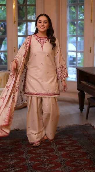 ANEELAS 3PC DHANAK FABRIC EMBROIDERED SHIRT WITH DHANAK EMBROIDERED SHAWL AND TROUSER SDCW-1262