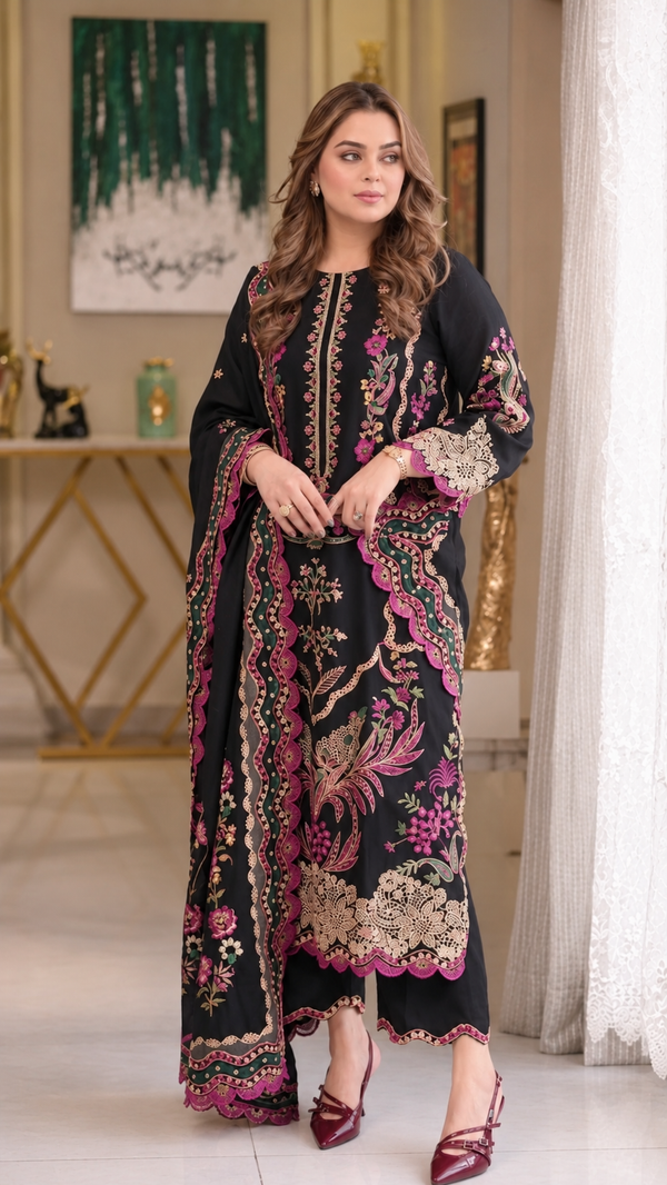 ANEELAS- 3PC DHANAK FABRIC EMBROIDERED SHIRT WITH DHANAK EMBROIDERED SHAWL AND TROUSER SDCW-1281