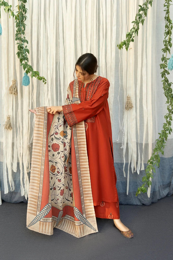 URGE 3PC LAWN EMBROIDERED SHIRT WITH MANAAR PRINTED DUPATTA AND TROUSER SDC-1056