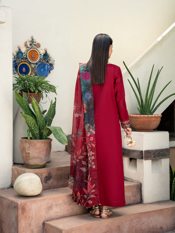 IZEL - 3PC DHANAK FABRIC EMBROIDERED SHIRT WITH PRINTED WOOL SHAWL AND TROUSER SDCW-1176