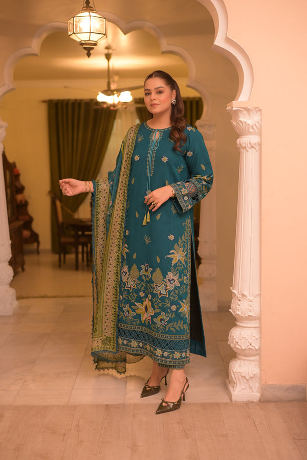 ANEELAS 3PC DHANAK FABRIC EMBROIDERED SHIRT WITH DHANAK PRINTED SHAWL AND TROUSER SDCW-1271