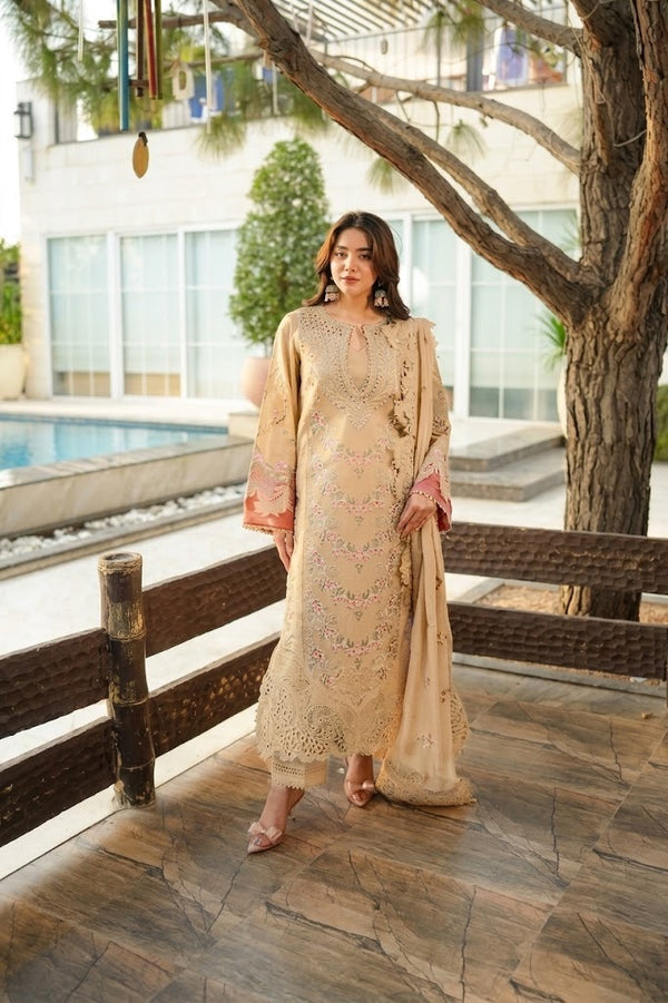 ANEELAS -3PC DHANAK EMBROIDERED SHIRT WITH DHANAK EMBROIDERED SHAWL AND TROUSER SDCW-1273